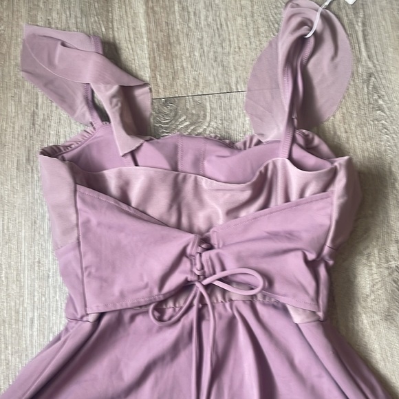 New Halara Airy Softlyzero Ruffle Backless Lace Mesh Flare Mini Dress Elderberry - Picture 4 of 5